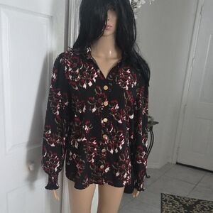 Como Black Floral Button-Down Shirt NWOT L